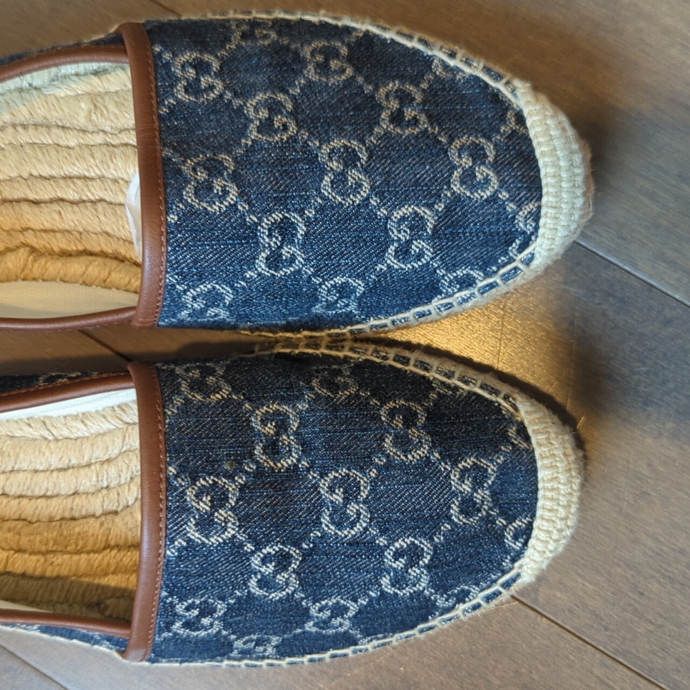 Gucci Blue Denim Monogram Espadrilles with Brown Trim - Picture 4 of 13